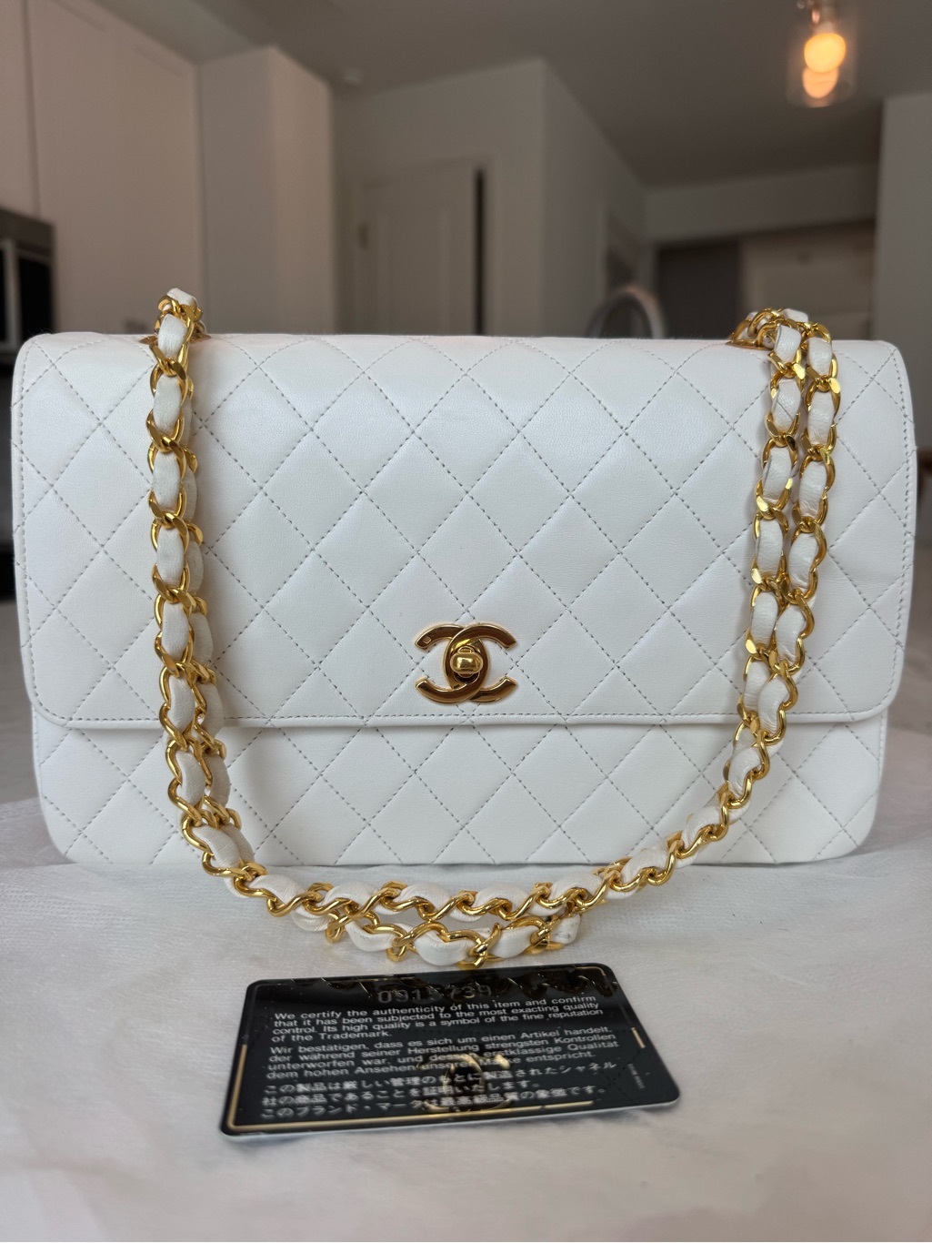 Chanel Vintage Classic Flap Bag  White Lambskin  24k Gold Hardware Authentic